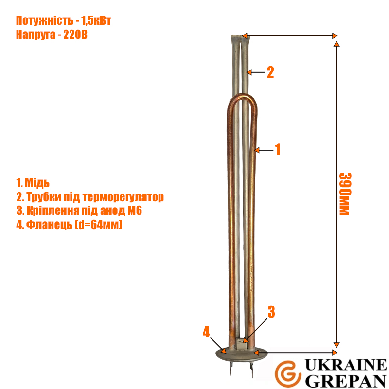 ТЭН для бойлера медный, 1,5 кВт, №16