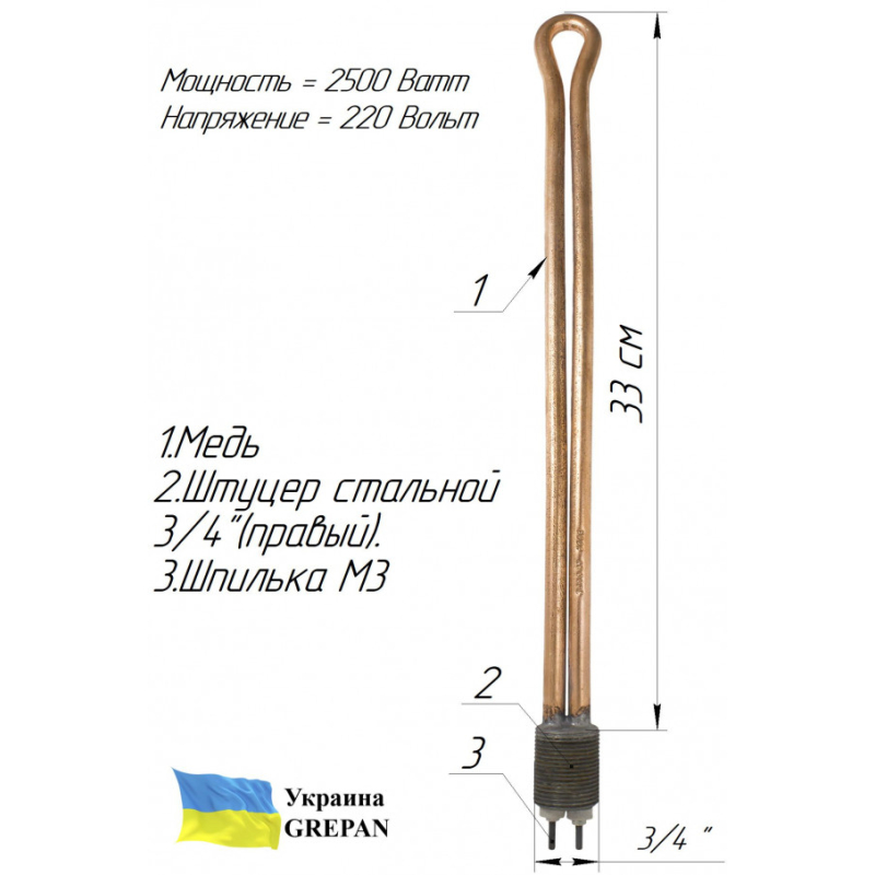 ТЭН медный для чугунной батареи  (3/4'' в заглушку), 2,5 кВт