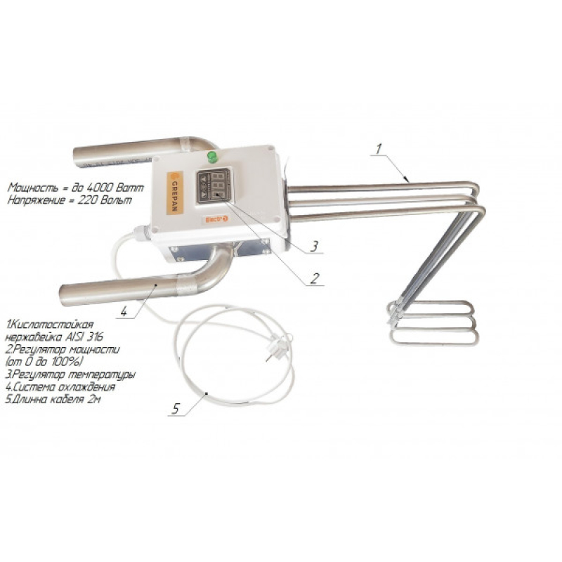 Кип'ятильник з відведенням, регулятором потужності та терморегулятором, кислостійка нержавійка, від  0,5кВт до 4кВт