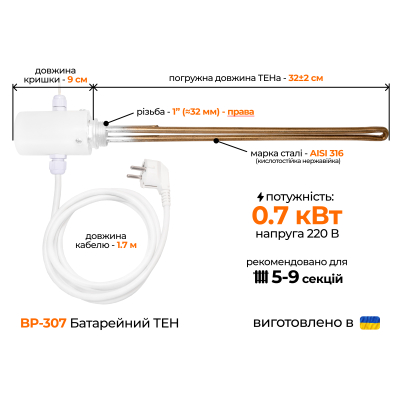 ТЕН для алюмінієвого радіатора (1'' правий) з виносним термодатчиком, 0,7 кВт