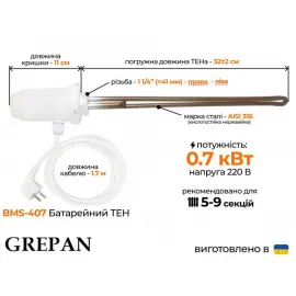 ТЭН для чугунных радиаторов с механическим терморегулятором 1 1/4, 0,7 кВт